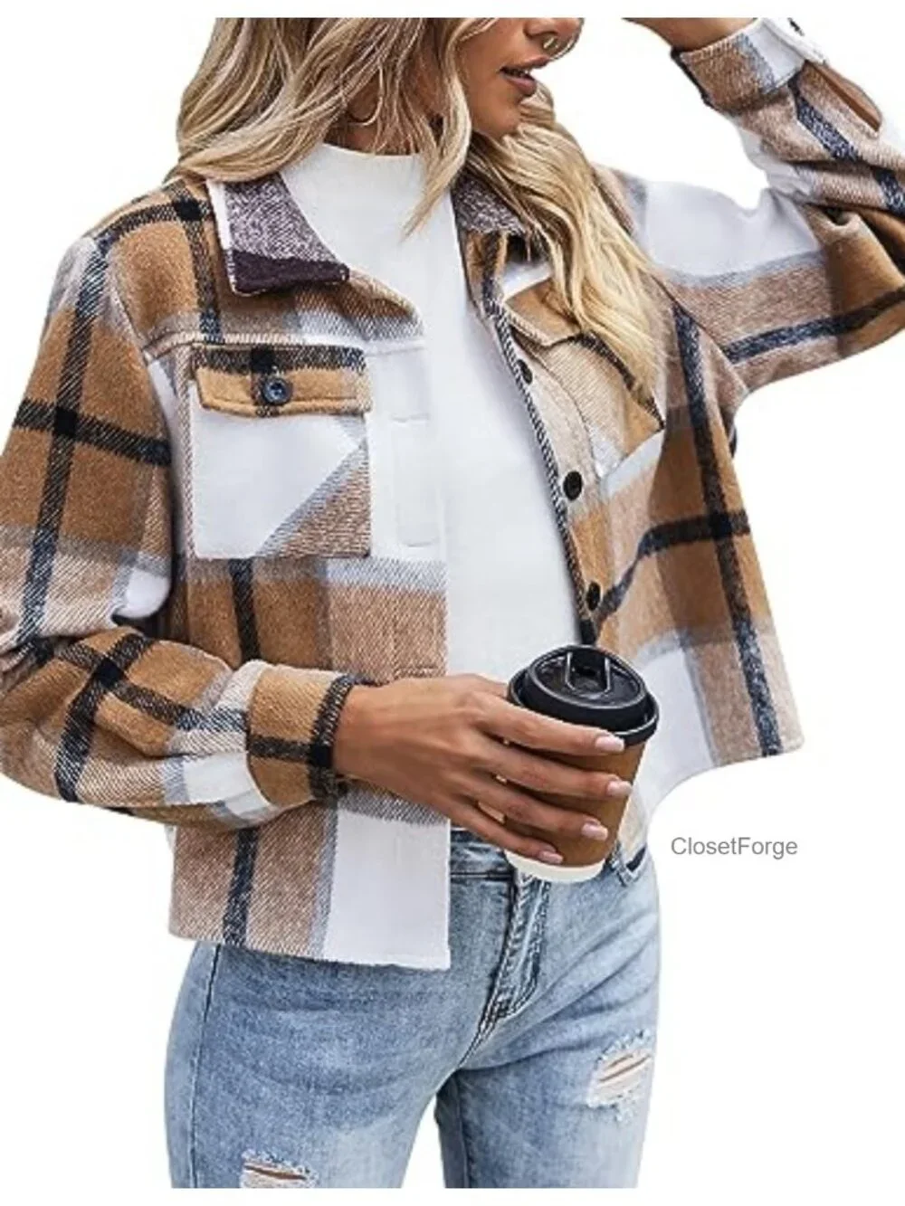 Cropped Flannel Shacket Jacket Button Down Plaid Casual Coat